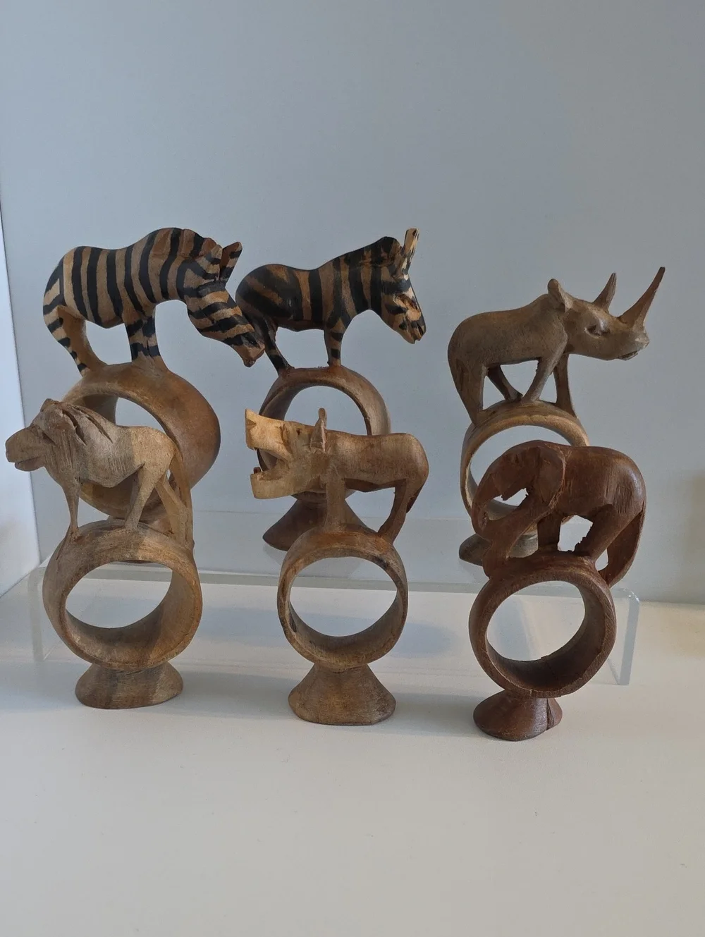 Hand Carved Wood Wild African Safari Animal Napkin Rings 6Pc Set
